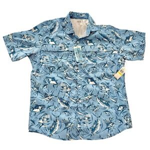 IZOD Shirt Mens Medium Blue Fish Print Saltwater Fishing Short Sleeve Button Up